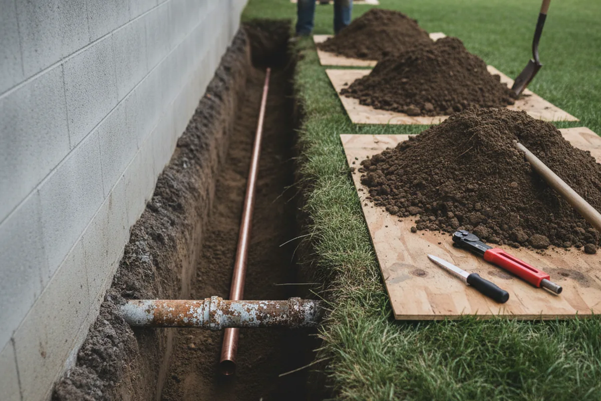 Excavated water line trench during Water Softener Installation in Yuba City